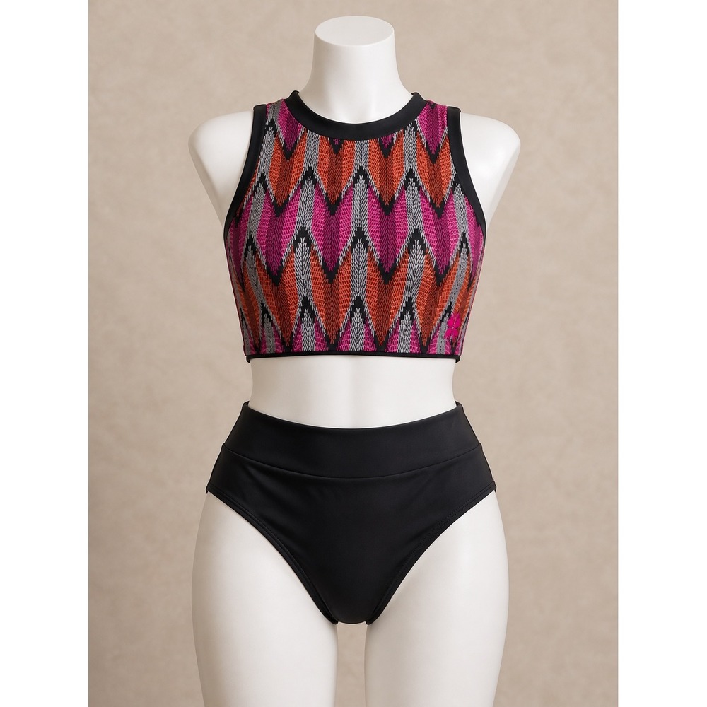 Hapari Tulum Half Tank High Waisted Bikini Swim Set Pink Orange SPF 50 Sz M